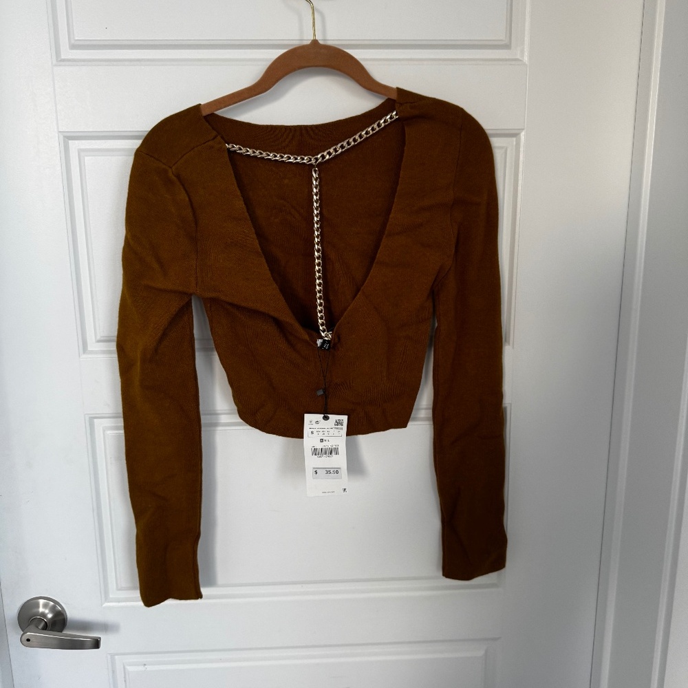 Zara cropped sweater with T chain in back- Camel Brown- Small -New